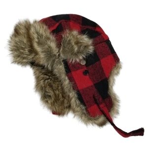 Vintage Crown Co Trapper Hat Faux Fur Plaid Red Black Wool Blend Quilt Lining